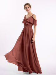 Off the Shoulder Spaghetti Strap Bridesmaid Gowns-Terracotta