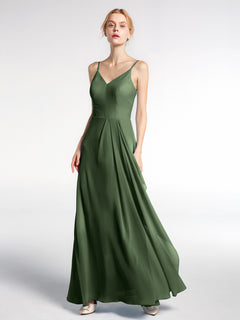 V-neck Chiffon Simple Maxi Dress with Spaghetti Straps-Olive Green