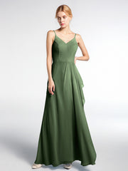 V-neck Chiffon Simple Maxi Dress with Spaghetti Straps-Olive Green