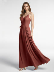 V-neck Chiffon Simple Maxi Dress with Spaghetti Straps-Terracotta