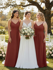V-neck Chiffon Simple Maxi Dress with Spaghetti Straps-Terracotta Plus Size