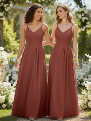 V-neck Chiffon Simple Maxi Dress with Spaghetti Straps-Terracotta