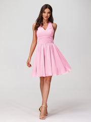 BABARONI Chiffon Candy Pink Bridesmaid Dresses Halter Short/Mini Sleeveless Ruched A-line, Candy Pink / US0