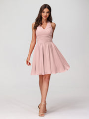 BABARONI Chiffon Dusty Rose Bridesmaid Dresses Halter Short/Mini Sleeveless Ruched A-line, Dusty Rose / US0