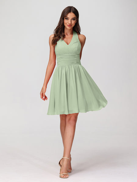 BABARONI Chiffon Dusty Sage Bridesmaid Dresses Halter Short/Mini Sleeveless Ruched A-line, Dusty Sage / US0