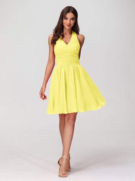 BABARONI Halter V Neck Short Chiffon Bridesmaid Dresses-Lemon, Lemon / US0