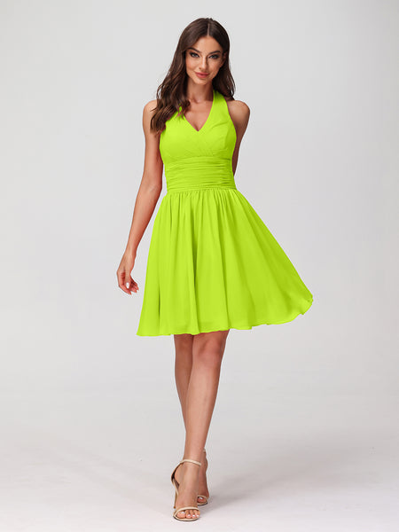 BABARONI Halter V Neck Short Chiffon Bridesmaid Dresses-Lime Green, Lime Green / US0