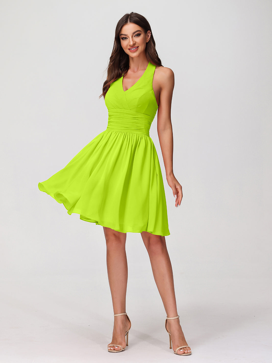 BABARONI Halter V Neck Short Chiffon Bridesmaid Dresses-Lime Green, Lime Green / US0
