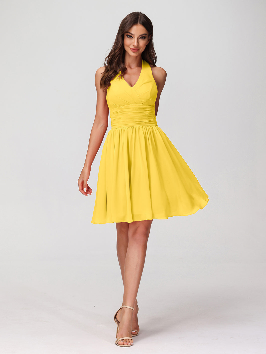 BABARONI BABARONI Chiffon Marigold Bridesmaid Dresses Halter Short/Mini Sleeveless Ruched A-line, Marigold / US0 BABARONI BABARONI Chiffon Marigold Bridesmaid Dresses Halter Short/Mini Sleeveless Ruched A-line, Marigold / US0