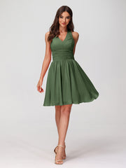 Halter V Neck Short Chiffon Bridesmaid Dresses-Olive Green