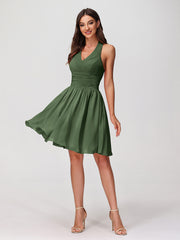 Halter V Neck Short Chiffon Bridesmaid Dresses-Olive Green