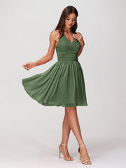 Halter V Neck Short Chiffon Bridesmaid Dresses-Olive Green