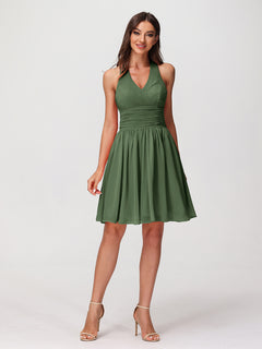 Halter V Neck Short Chiffon Bridesmaid Dresses-Olive Green