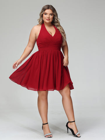 V-neck Short Chiffon Bridesmaid Gowns Watermelon Plus Size main image 1