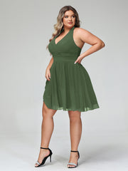Halter V Neck Short Chiffon Bridesmaid Dresses-Olive Green Plus Size