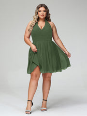Halter V Neck Short Chiffon Bridesmaid Dresses-Olive Green Plus Size