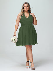 Halter V Neck Short Chiffon Bridesmaid Dresses-Olive Green Plus Size