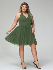 Halter V Neck Short Chiffon Bridesmaid Dresses-Olive Green Plus Size