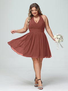 Halter V Neck Short Chiffon Bridesmaid Dresses-Terracotta Plus Size