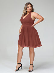 Halter V Neck Short Chiffon Bridesmaid Dresses-Terracotta Plus Size