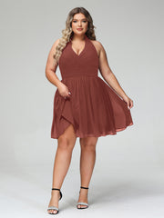 Halter V Neck Short Chiffon Bridesmaid Dresses-Terracotta Plus Size