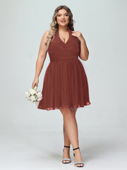 Halter V Neck Short Chiffon Bridesmaid Dresses-Terracotta Plus Size