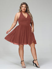 Halter V Neck Short Chiffon Bridesmaid Dresses-Terracotta Plus Size
