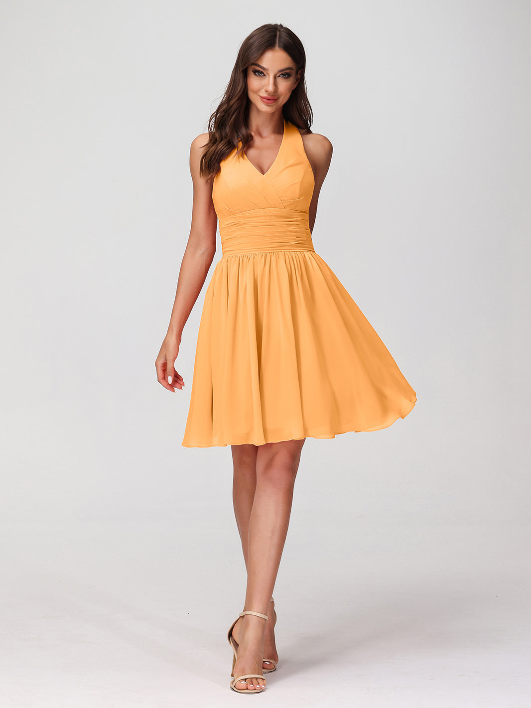 BABARONI Chiffon Tangerine Bridesmaid Dresses Halter Short/Mini Sleeveless  Ruched A-line