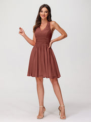 Halter V Neck Short Chiffon Bridesmaid Dresses-Terracotta