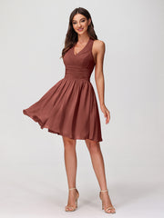Halter V Neck Short Chiffon Bridesmaid Dresses-Terracotta