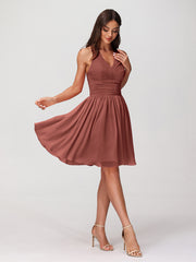 Halter V Neck Short Chiffon Bridesmaid Dresses-Terracotta