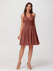 Halter V Neck Short Chiffon Bridesmaid Dresses-Terracotta
