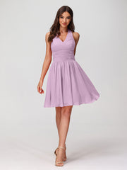 BABARONI Chiffon Wisteria Bridesmaid Dresses Halter Short/Mini Sleeveless Ruched A-line, Wisteria / US0