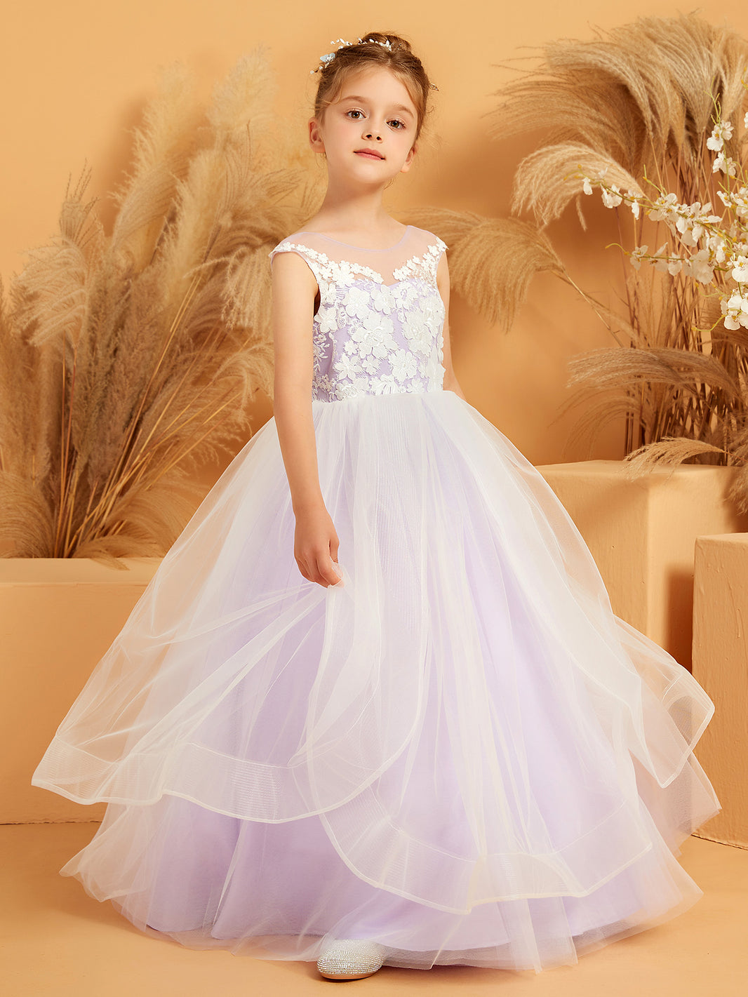 Lace Applique Sleeveless Tulle Flower Girl Ball Gown Taupe main image 1