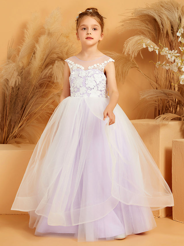 Lace Applique Sleeveless Tulle Flower Girl Ball Gown Silver