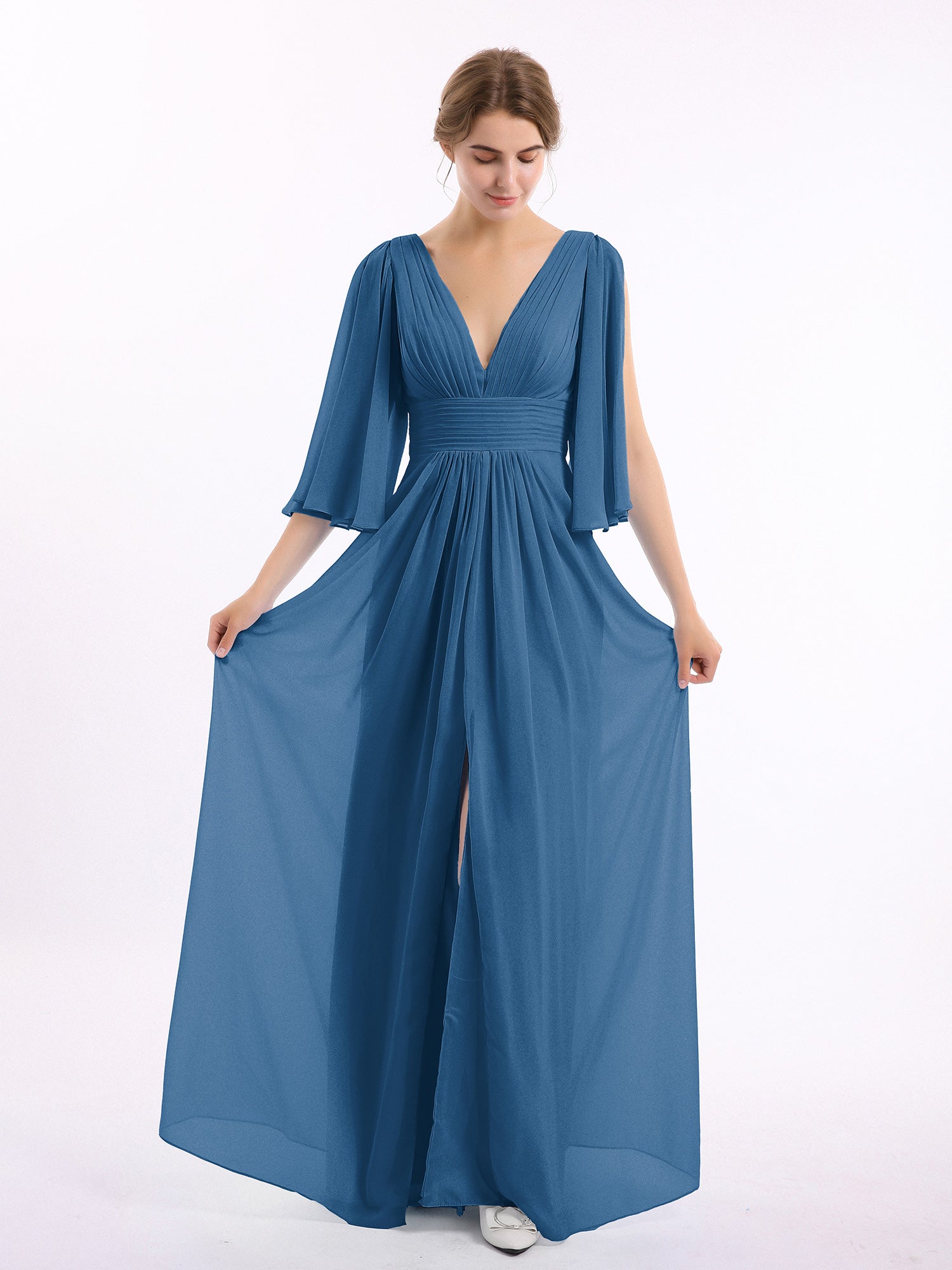 Deep V-neck Chiffon Dresses with Slit Ink Blue – BABARONI
