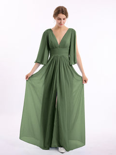 Deep V-neck Chiffon Dresses with Slit Olive Green