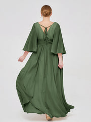 Deep V-neck Chiffon Dresses with Slit Olive Green Plus Size