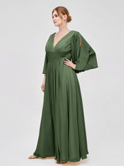 Deep V-neck Chiffon Dresses with Slit Olive Green Plus Size