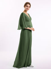 Deep V-neck Chiffon Dresses with Slit Olive Green