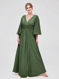 Deep V-neck Chiffon Dresses with Slit Olive Green Plus Size