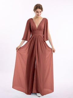 Deep V-neck Chiffon Dresses with Slit Terracotta