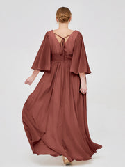 Deep V-neck Chiffon Dresses with Slit Terracotta Plus Size