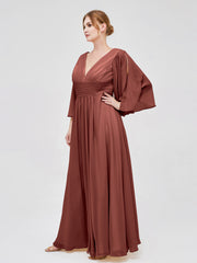 Deep V-neck Chiffon Dresses with Slit Terracotta Plus Size