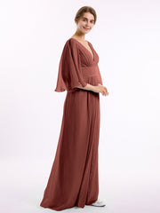 Deep V-neck Chiffon Dresses with Slit Terracotta