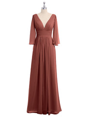 Deep V-neck Chiffon Dresses with Slit Terracotta