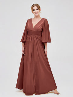 Deep V-neck Chiffon Dresses with Slit Terracotta Plus Size