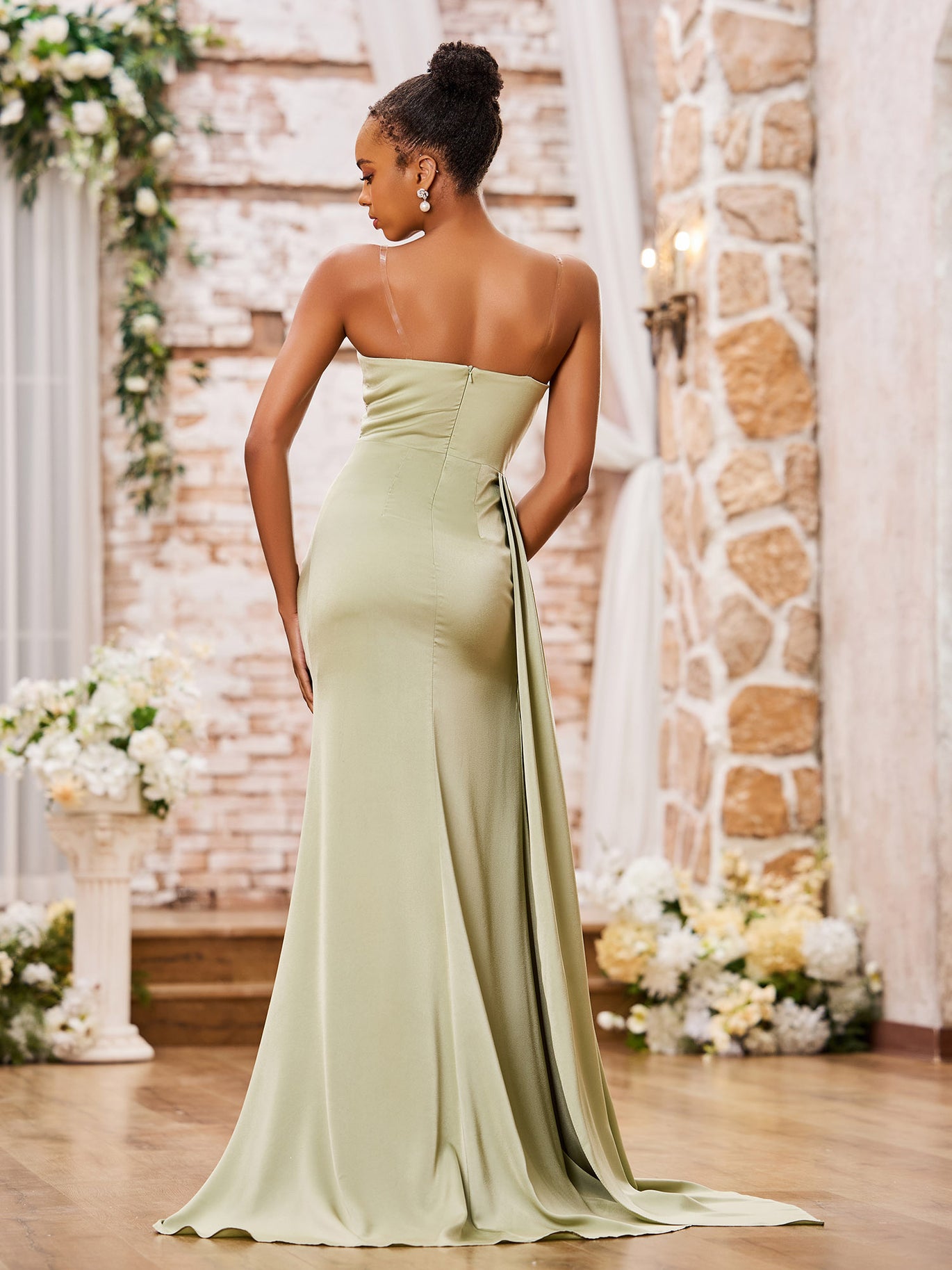 sage green bridesmaid dresses wedding Sage Green Bridesmaid Dresses Mermaid Removable Train One Shoulder – Lisposa main image 1