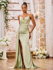 Sheath Spaghetti Straps Soft Satin Sexy Dresses with Slit Dusty Sage