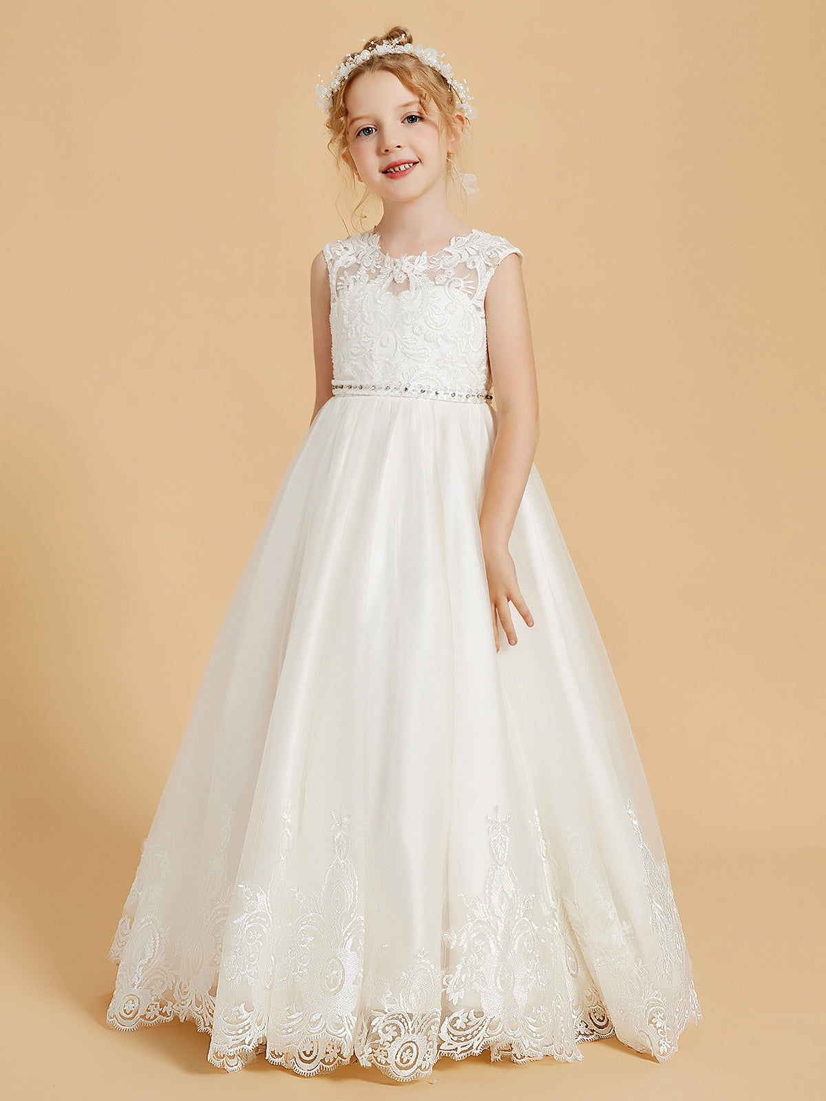 White Applique Sleeveless Flower Girl Dress